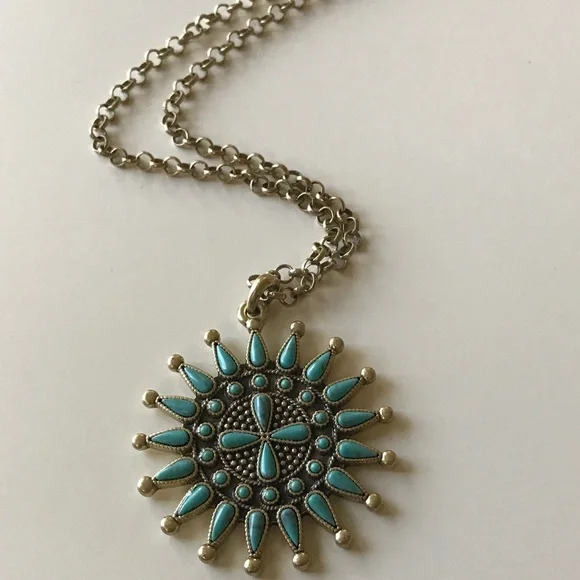 Lucky Brand Dyed Turquoise Stone Needlepoint Sunburst Pendant Necklace 32"  $49 - Picture 3 of 5